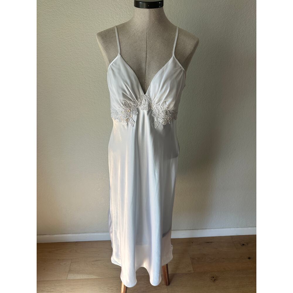 California Dynasty Satin Slip Dress White Lace Trim Bridal Minimal 90s M - Picture 9 of 11